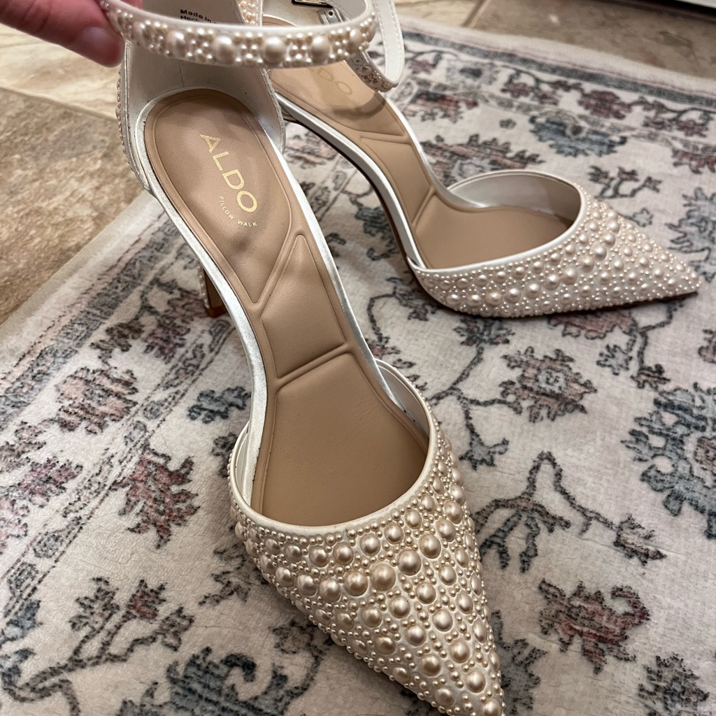 Aldo Elegant Pearl-Studded Heels In Cream